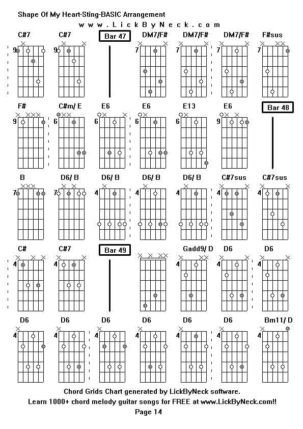 Chord Grids Chart of chord melody fingerstyle guitar song-Shape Of My Heart-Sting-BASIC Arrangement,generated by LickByNeck software.